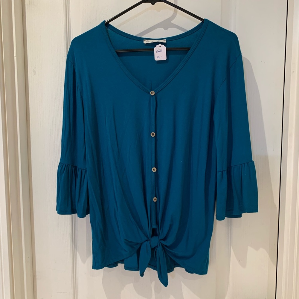 Soft dark teal blouse with 3/4 flutter sleeves